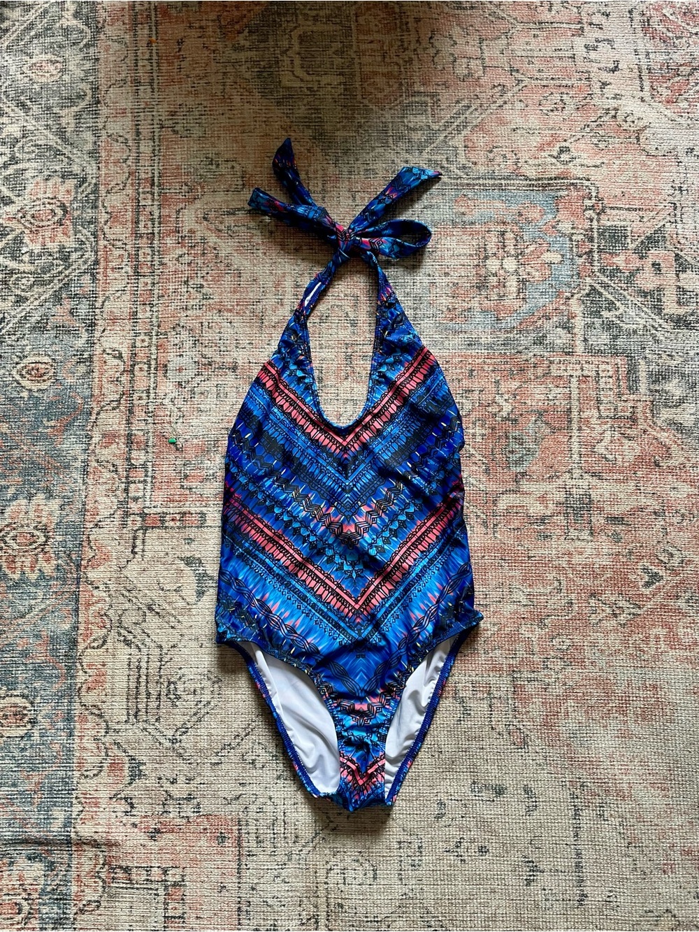 Venus Cobalt Blue Geometric Tribal Print Halter One-Piece Swimsuit SZ S